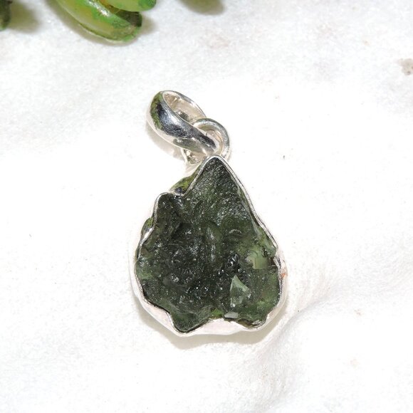 Moldavite Natural Gemstone 925 Sterling Silver Pendant, Raw Moldavite rare Stone - Picture 1 of 5